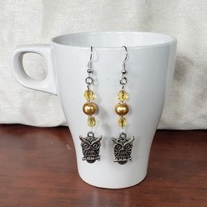Owl Silver Earrings with Golden Yellow Beading